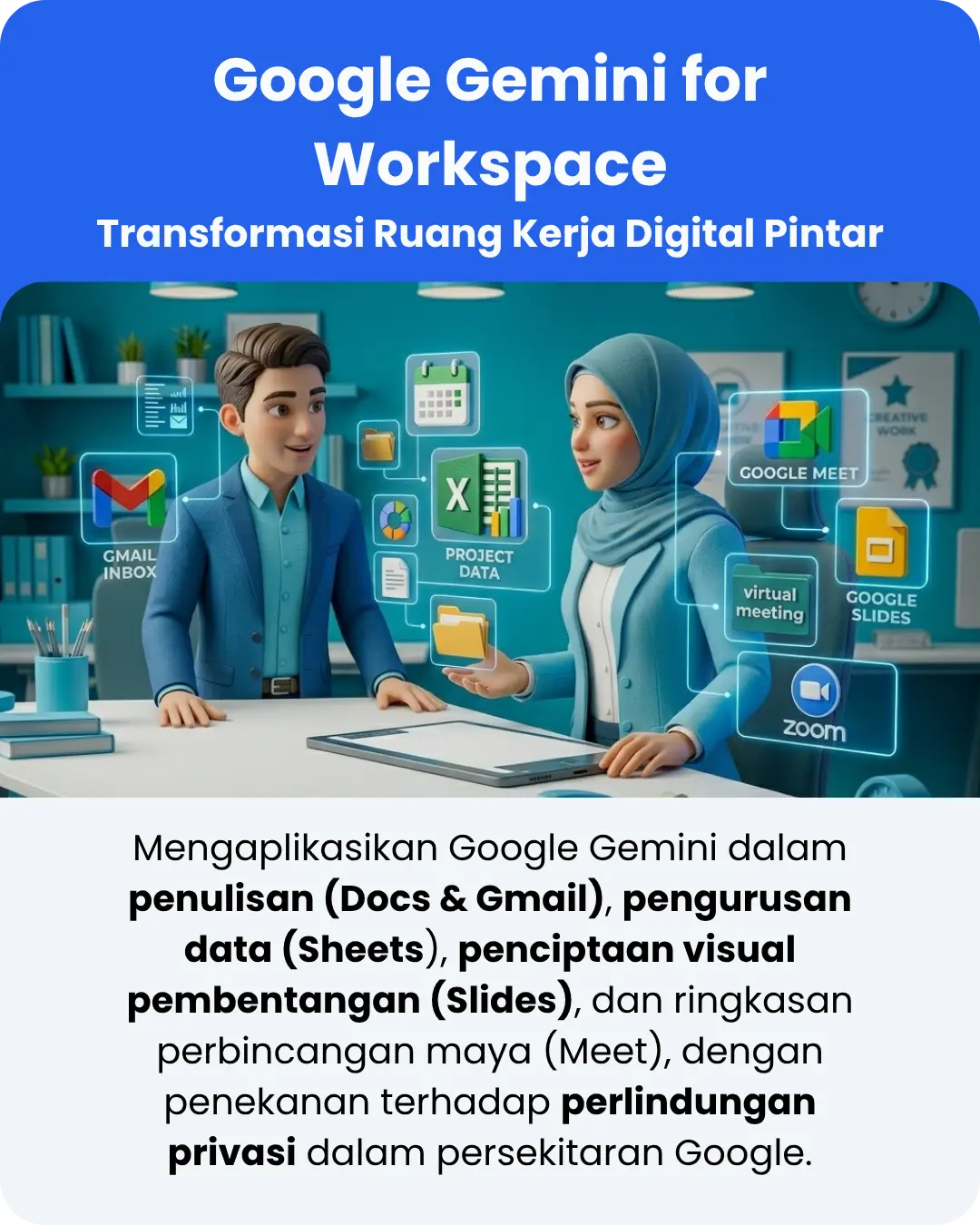 Poster Modul Google Gemini for Workspace: Latihan transformasi ruang kerja digital pintar melibatkan penggunaan AI dalam Gmail, Docs, Sheets, dan Slides oleh Aigen Academy