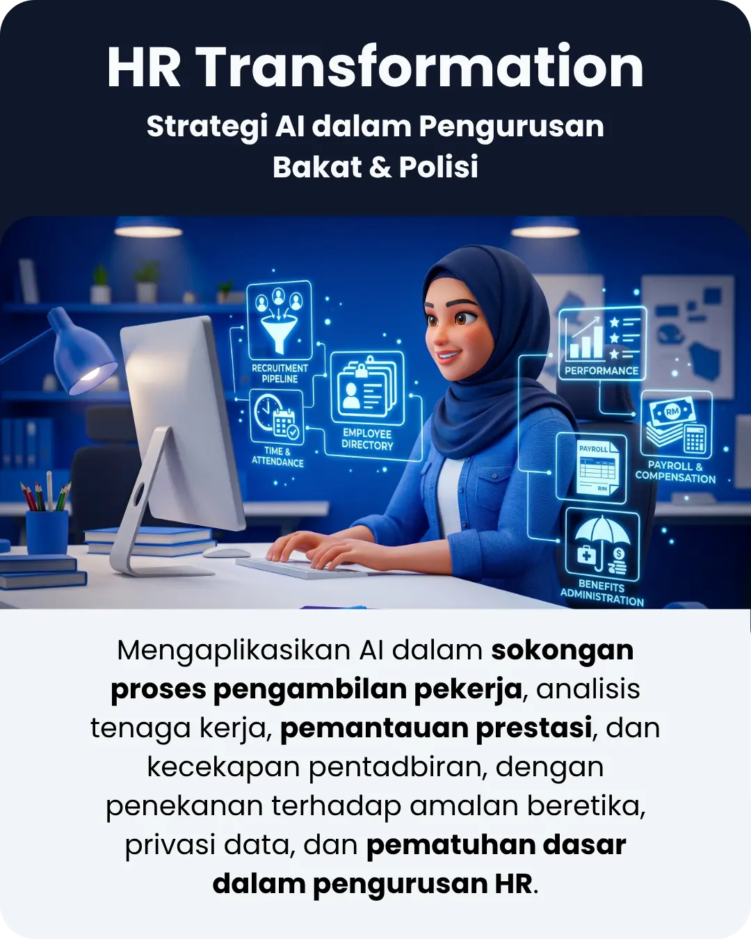 Poster Modul HR Transformation: Latihan AI untuk strategi pengurusan bakat, pengambilan pekerja, dan dasar sumber manusia korporat oleh Aigen Academy